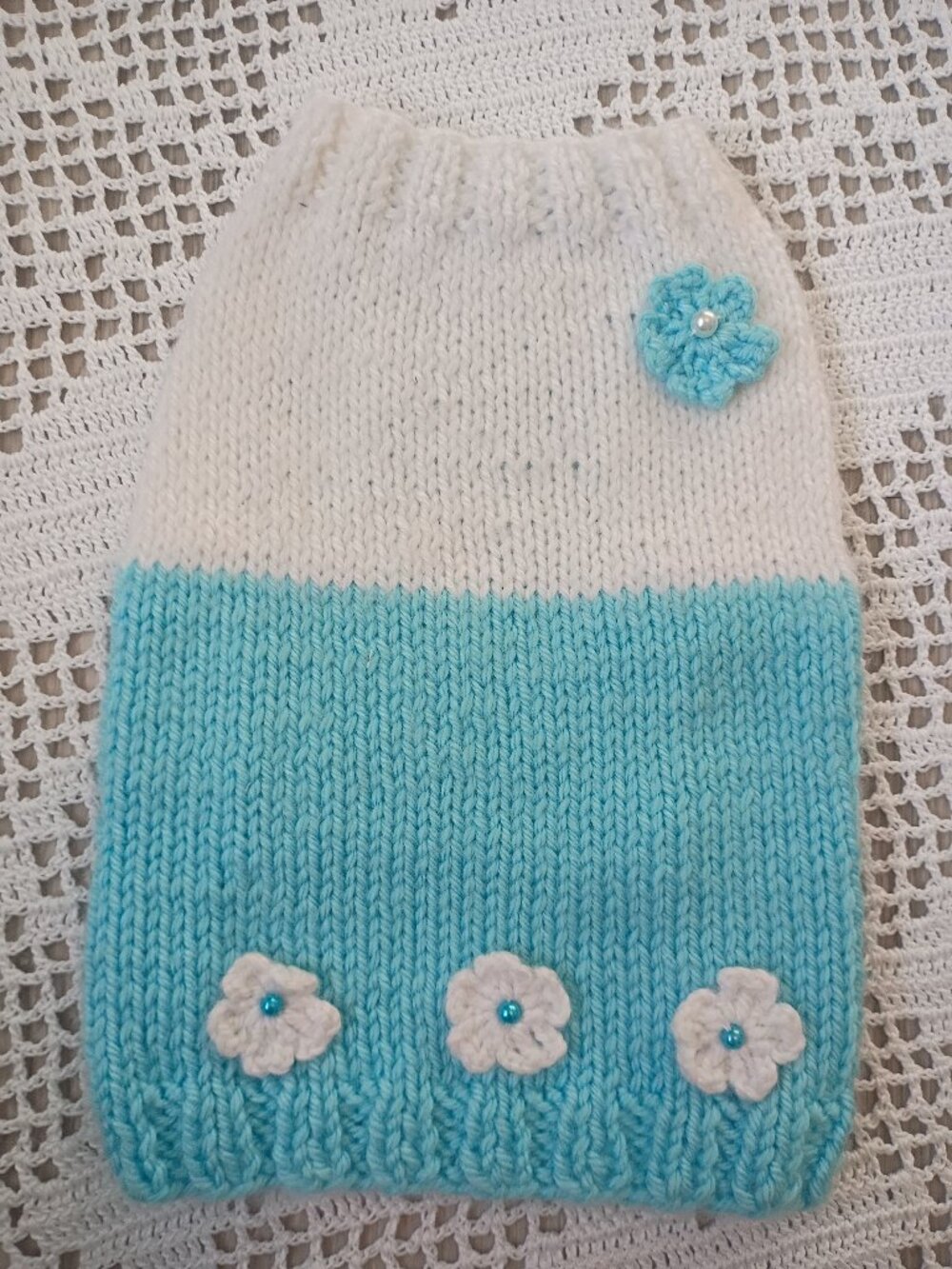 Knitted Blue and White XS Sweater with Flowers